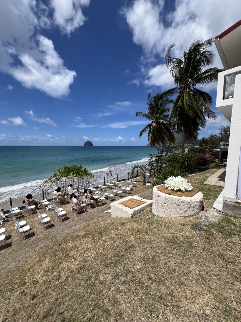 Outdoor wedding setup at Villa Kerana in Le Diamant, Martinique, Caribbean destination wedding location.