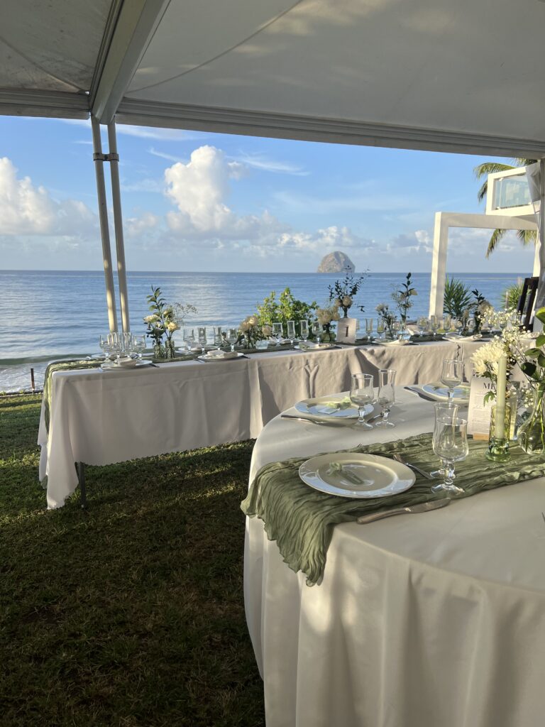 Sea view wedding at Villa Kerana, Le Diamant, Martinique with terrace and outdoor reception area.