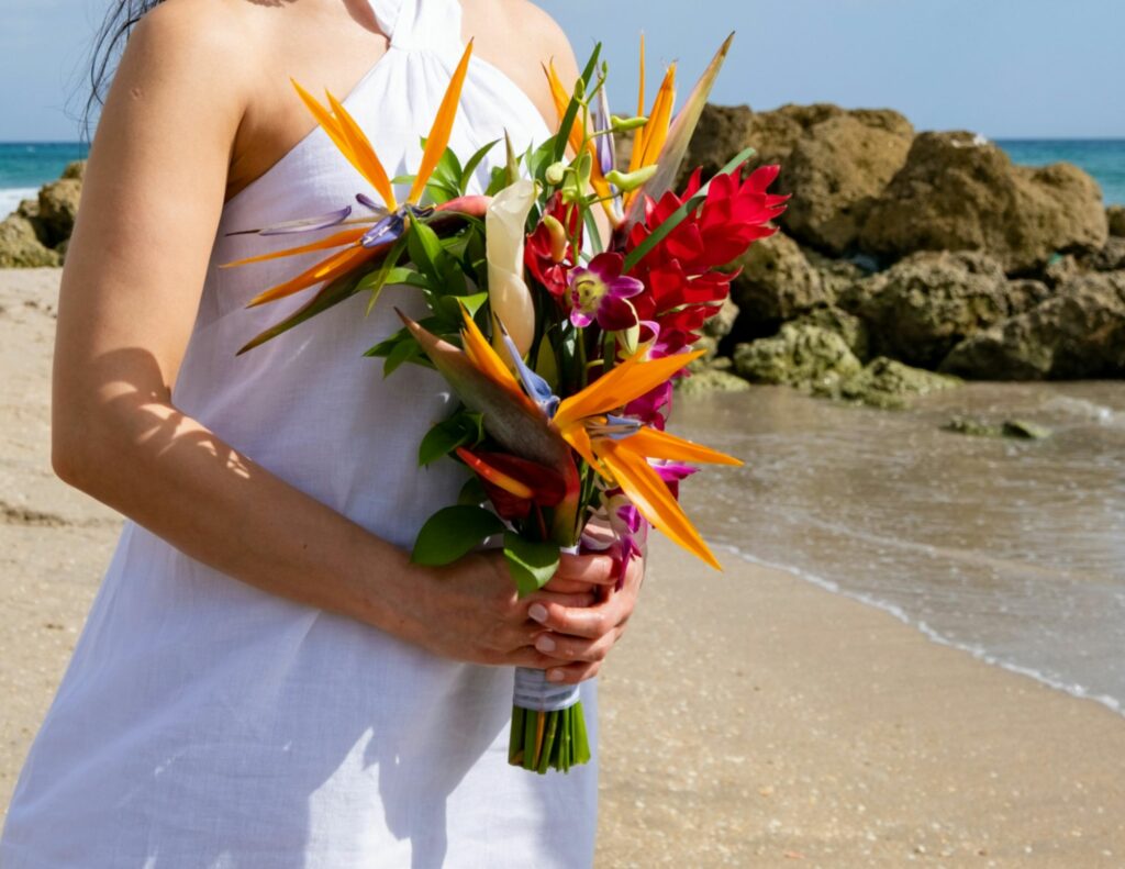 Une femme portant un bouquet de mariage tropical sur une plage.